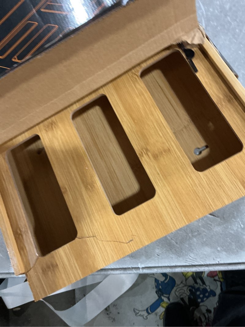 Condition photo showing As Is for spaceaid bag storage organizer for kitchen drawer, bamboo organizer, compatible with gallon, quart, sandwich and snack variety size bag (1 box 4 slots) natural, 3"h