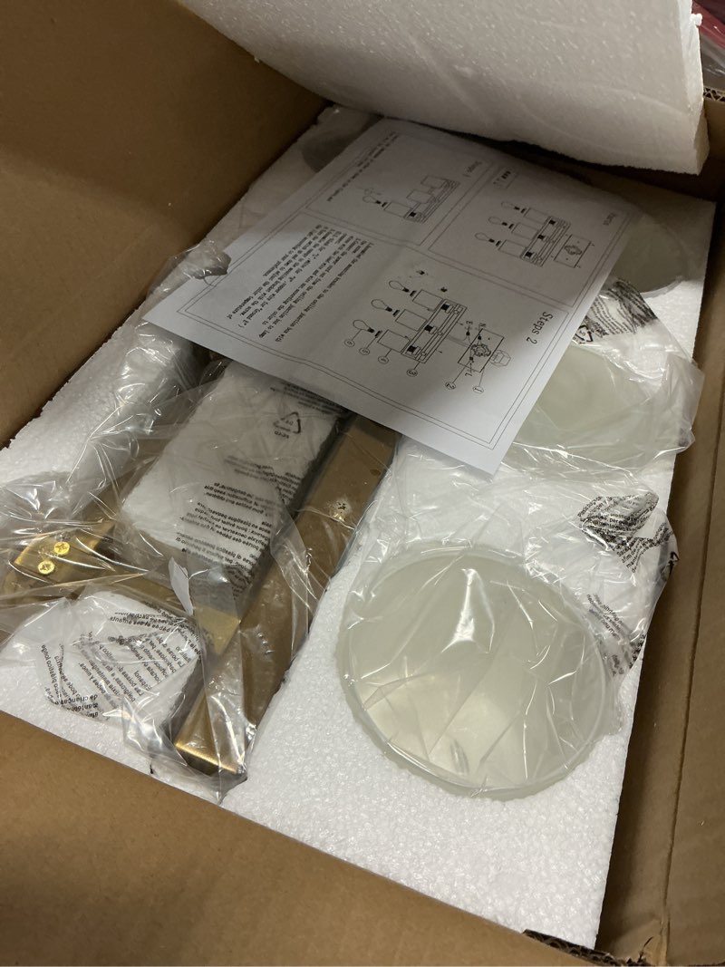 Condition photo showing Good Condition for 3 Light Modern Bathroom Light Fixtures Over Mirror, Brass Finish Vanity Lights for Bathroom Wall Sconces with Milky White Glass Shades, E26 Socket (Bulbs Not Included) Brass - Milky White Glass Shades 3-Lights