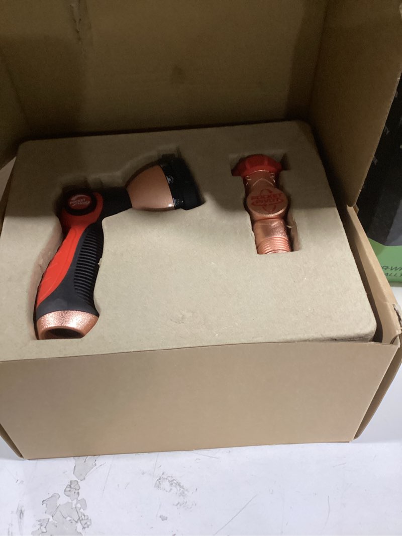 Condition photo showing As Is for pocket hose 100 ft copper head expandable garden hose with pocket pivot, no tangles, as seen on tv, 360° swivel, tri-tex tubing, force field jacket, lead-free, no-kink, anti-burst w/apt