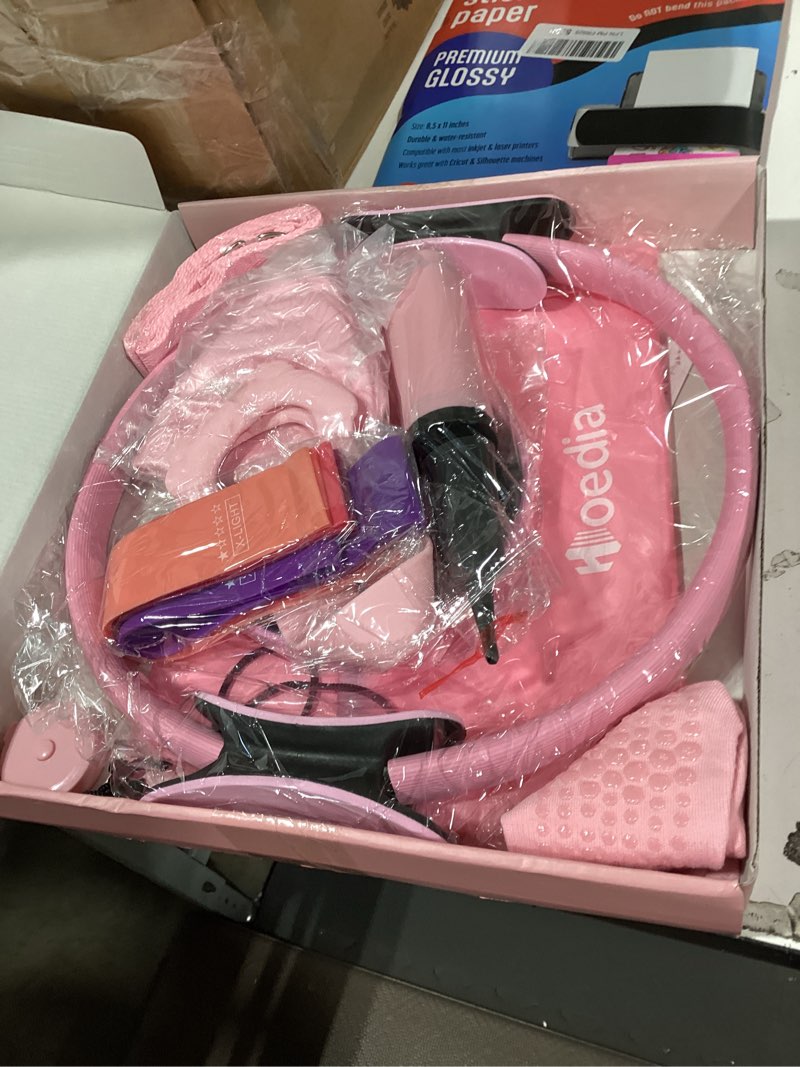 Condition photo showing Good Condition for hoedia 17 pcs pilates kit for women, pilates equipment ring and ball set with resistance bands, yoga strap, core sliders, socks, bag & guide for starter home workout fitness gym essentials pink