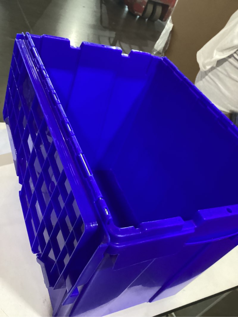 Condition photo showing Good Condition for akro-mils 39170 industrial plastic storage tote with hinged attached lid, (21-inch l by 15-inch w by 17-inch h), blue, (3-pack) blue tote
