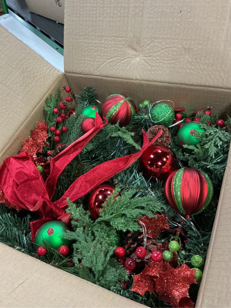 Condition photo showing Good Condition for Christmas Wreath for Front Door, 22 Inch Large Outdoor Christmas Wreath, Lighted Xmas Wreath with Red Green Ball Ornaments Velvet Bow and 30 LED Lights for Fireplace Window Holiday Decor