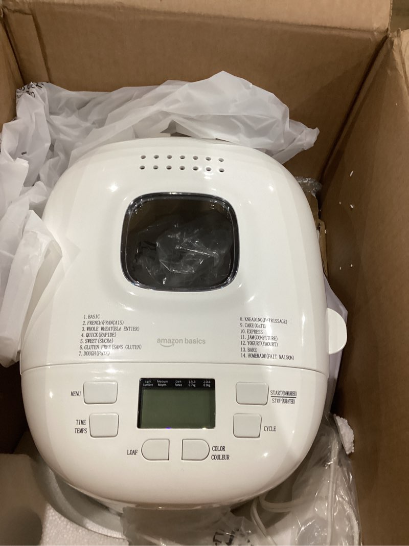 Condition photo showing As Is for Amazon Basics Programmable Bread Maker, 2 Pound Non-Stick Automatic Bread Making Machine, 14 Settings for Breads, Doughs, Gluten-Free Options and More, LCD Display, White