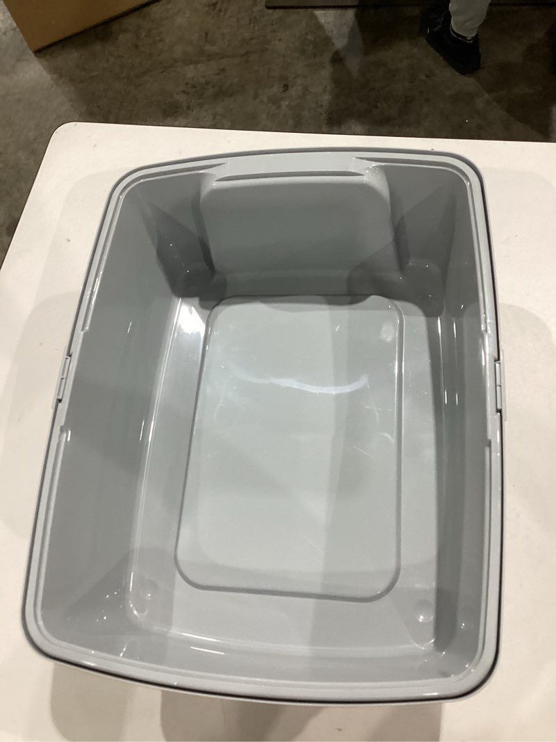 Condition photo showing As Is for iris usa large cat litter box with scatter shield and scoop, open top high sided cat litter pan, silver open top gray