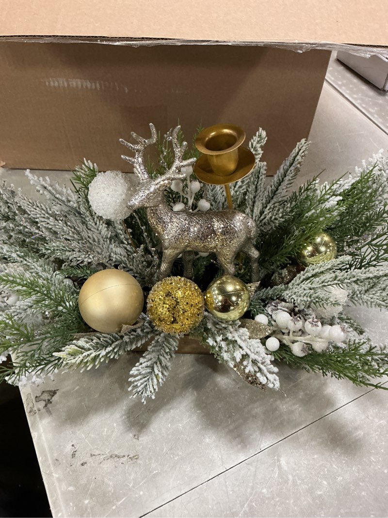 Condition photo showing Good Condition for Christmas Decor Table Centerpiece, Faux Flocked Pine Branch Ornament Deer Candle Holder in Wood Box for Table Shelf Mantel, Winter X'Mas Holiday Decoration for Home Indoor Outdoor, 24" Long