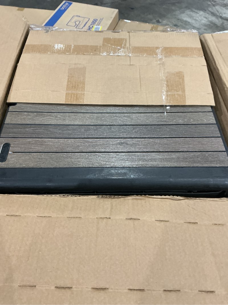 Condition photo showing Good Condition for keter premium everwood 30 gal outdoor storage box and patio side table | walnut, resin, compact, weatherproof, lockable, durable, easy assembly, organization, patio cushions storage walnut 30 gallon