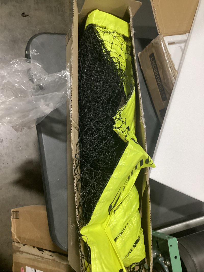 Condition photo showing As Is for (similar ) badminton net, height adjustable kids volleyball net, foldable nylon net 10 ft/14ft/17ft wide, tennis net, small pickleball net for backyard game and indoor outdoor use, easy setup 10ft blue / blac