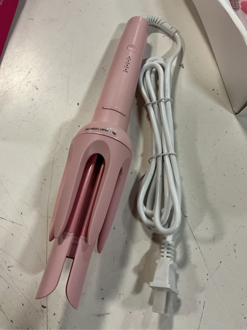 Condition photo showing Good Condition for auto hair curler, automatic curling iron with 4 temperature & 3 timer, automatic shut-off, anti-scald, anti-tangle rotating curling wand for hair styling, pink classic pink