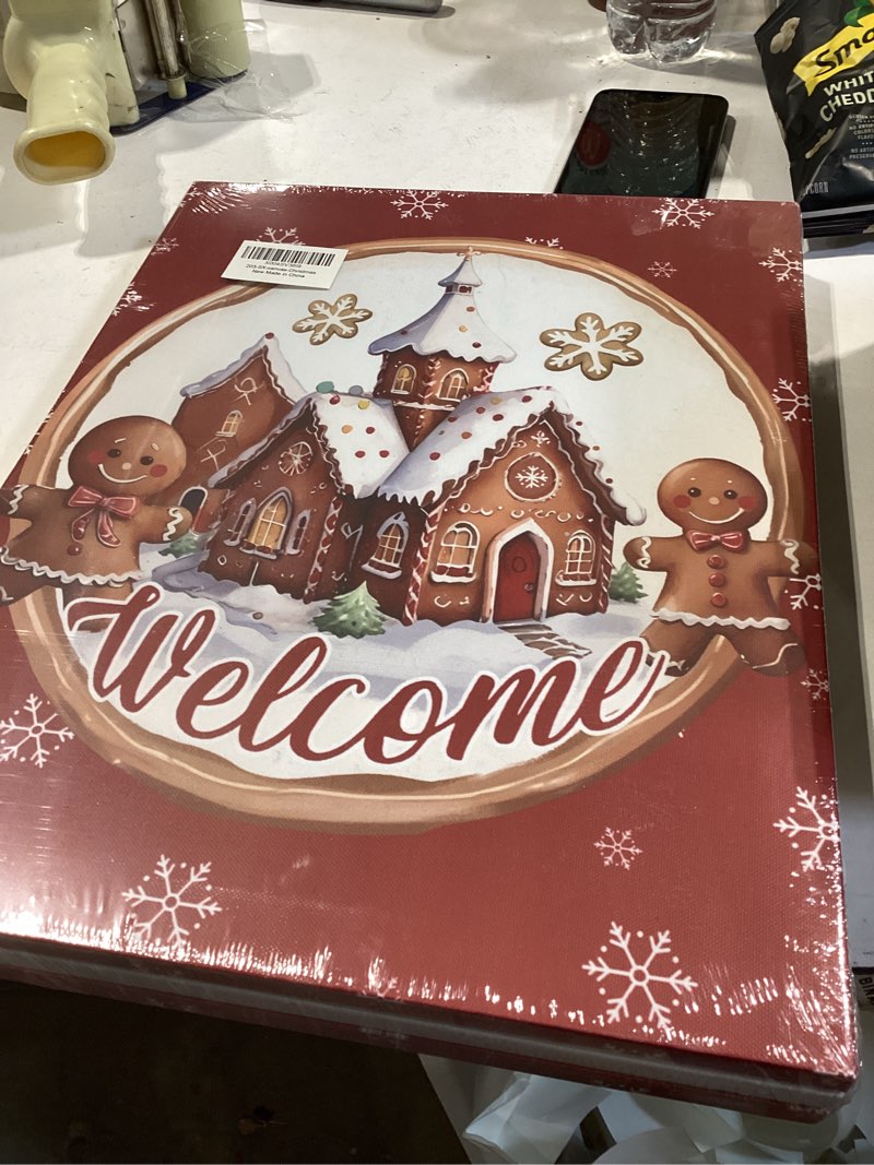 Condition photo showing New/Like New for STHTTSW Gingerbread Christmas Canvas Wall Decor, Baking Candy Cane Christmas Festive Gingerbread Man Framed Canvas Wall Set of 3, Xmas Bakery Hot Cocoa Porch Wall Decor for Home Kitchen Bathroom Office 11x14 Gingerbread House Christmas