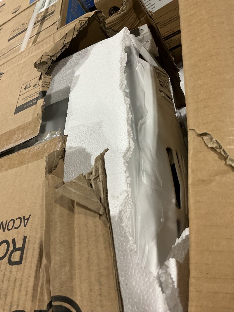 Condition photo showing As Is for lg 8,000 btu, 115 volts, window smart air conditioner cools 350 sq. ft. with remote, wifi enabled and dehumidifier in white