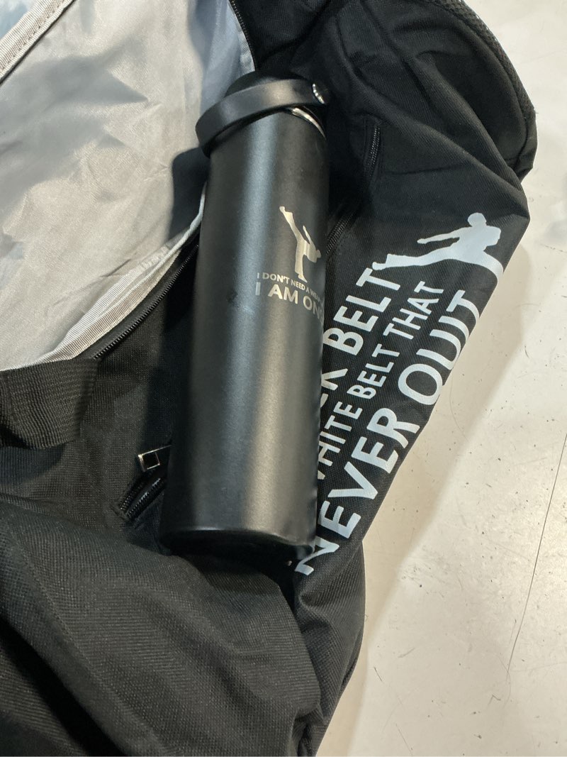 Condition photo showing As Is for layhit 3 pcs karate gifts for boys taekwondo karate bag martial arts duffel bag 24 oz stainless steel water bottle keychain for kids adults taekwondo lover gifts black