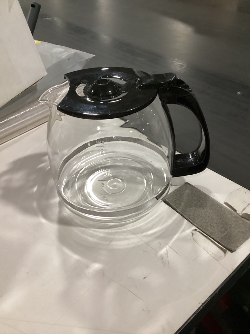 Condition photo showing New/Like New for 12 cup coffee machine glass carafe replacement for mr. coffee - with heads three different heights, universal carafe coffee maker pot accessory easy pour spout and comfortable grip handle,black
