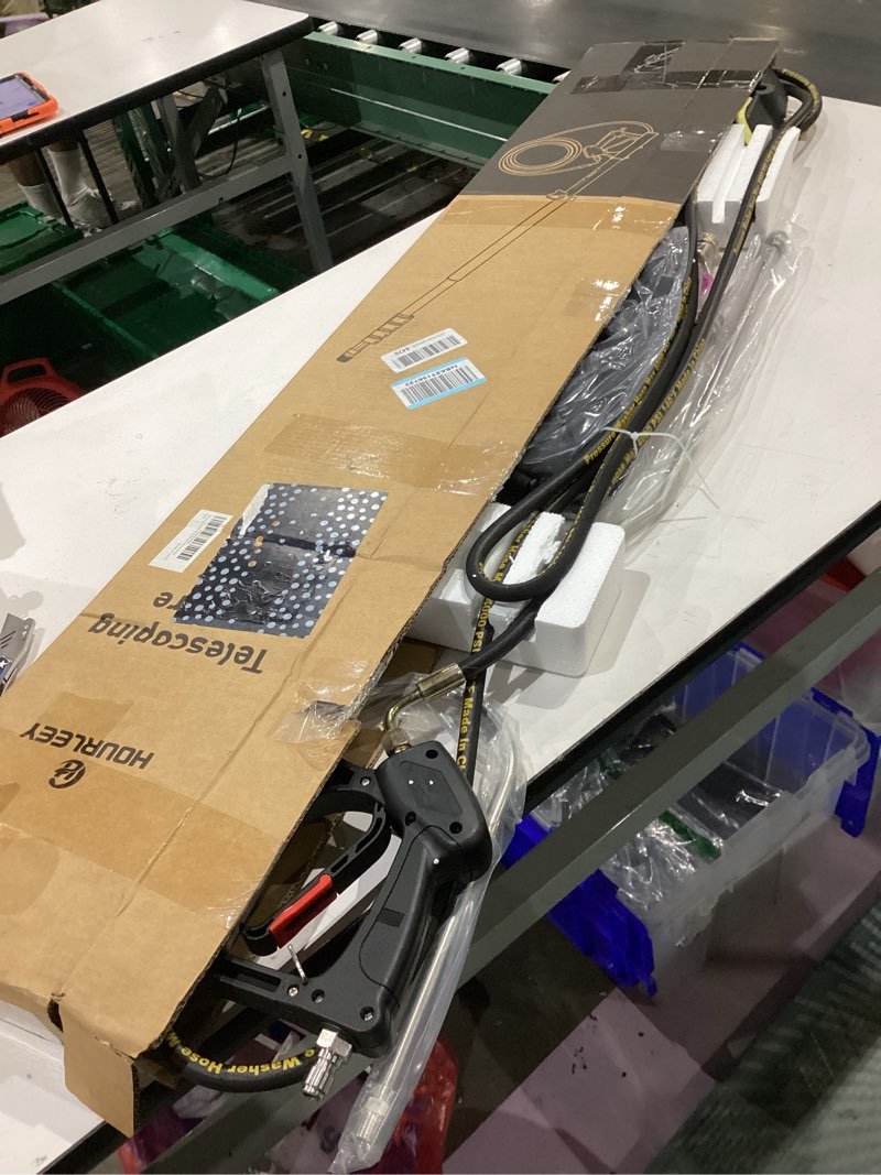 Condition photo showing New/Like New for hourleey 24 ft telescoping pressure washer wand, power washer extension wand with brush head, gutter cleaner, 3 curve wands, adjustable support belt, pivoting coupler, 7 spray nozzles, 4000 psi