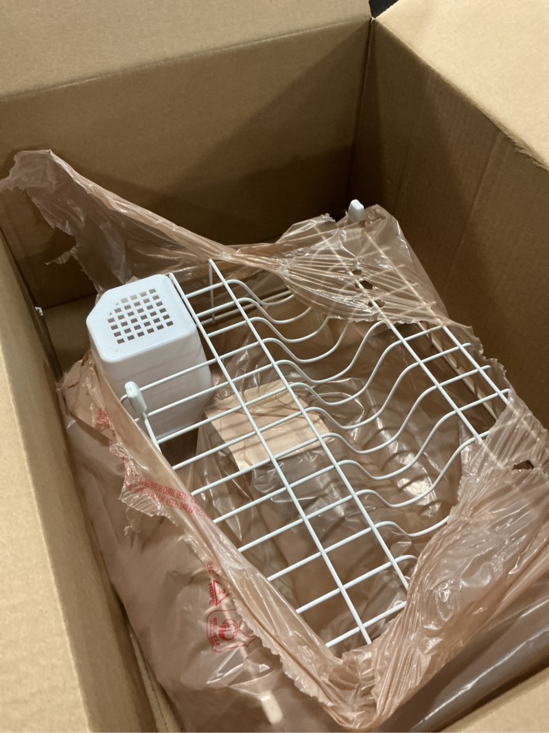 Condition photo showing As Is for oggi compact dish drying rack - white metal dish drainer rack, drying rack kitchen, dish rack, dish racks for kitchen counter, durable coated metal kitchen drying rack with cutlery holder dish drain w/utensil caddy white