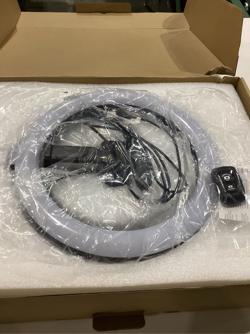 Condition photo showing As Is for Ring Light with Stand for Desk,Adjustable Overhead Phone Mount with 10" Ring Light Tripod for iPhone,Phone Tripod with Light and Remote Phones Holder for Video Recording,Live Stream,Cooking Video