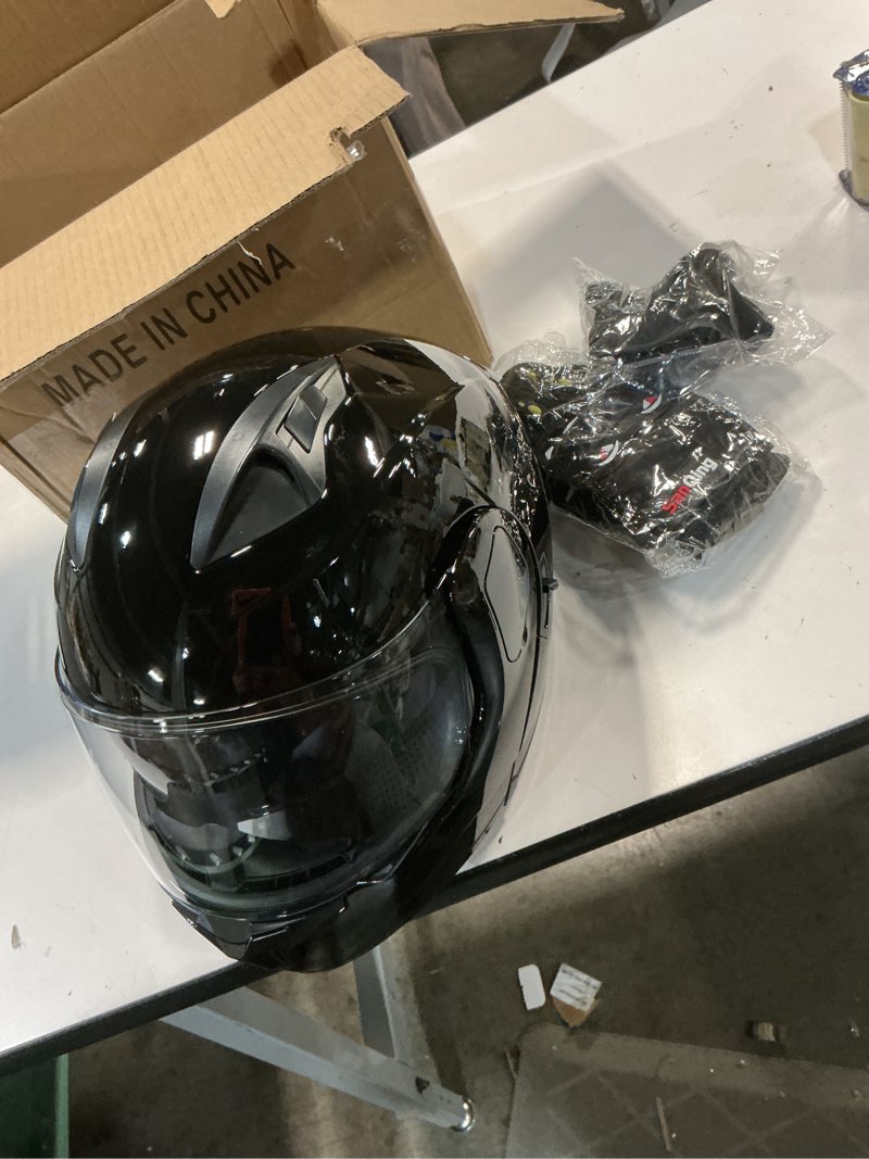 Condition photo showing Good Condition for Adult Modular Motorcycle Helmets, DOT Approved Flip up Dual Visor Full Face Helmet for Men Women Moto ATV UTV Snowmobile ADV Four Wheeler Street Bike with Gloves & Mask Medium Shiny Black