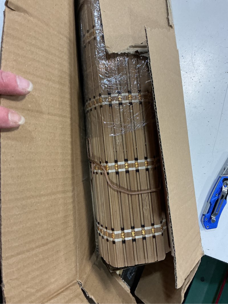 Condition photo showing As Is for bamboo blinds for interior windows, easy to install bamboo shades for indoor windows, custom roller shades for indoor window and outdoor patio, 23" w x 48" h yellow and white 23"w x 48"h
