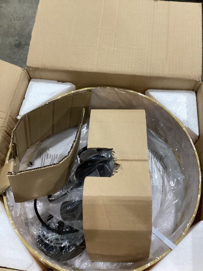 Condition photo showing As Is for https://www.homedepot.com/p/15-7-in-3-light-flaxen-shaded-drum-flush-mount-flaxen-grass-cloth-finish-wbfm-gl01-ud/321047429