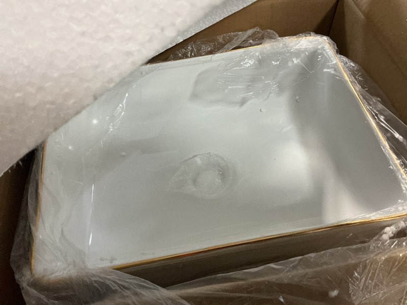 Condition photo showing Good Condition for J-FAMILY 14.5'' x 10.6'' Small Vessel Sink Bathroom Above Counter White Porcelain Ceramic Rectangular Sink Bowl Gold Trim Decoration Small Vanity Sink Lavatory Wash Basin white with gold trim