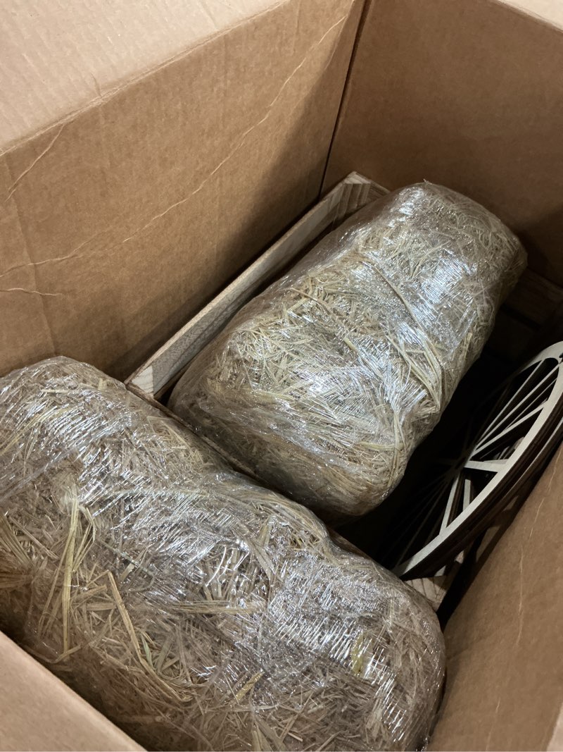 Condition photo showing Good Condition for 6 pack 13 x 9 x 6 inch straw hay bale stack decoration set rustic wooden wagon wheel natural hay bales boxes for western cowboy photo booth props birthday farm accessories