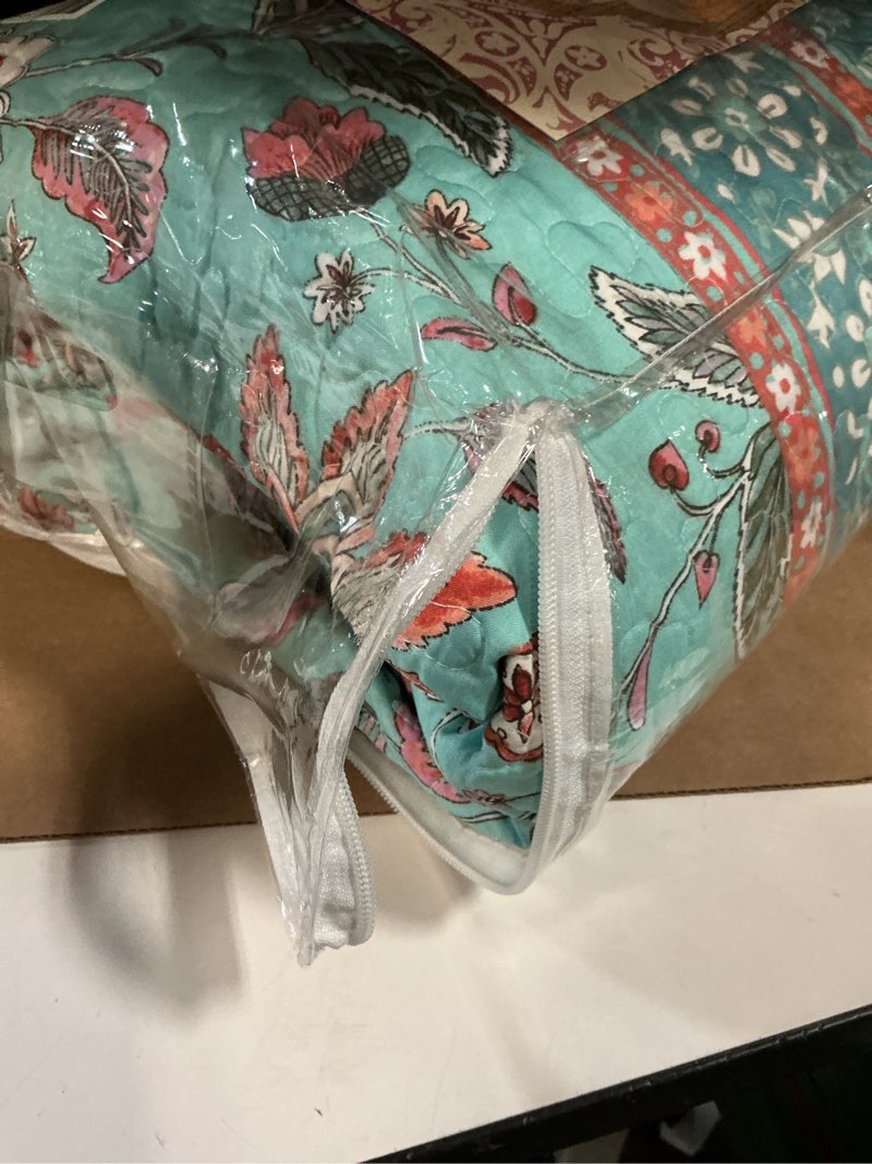 Condition photo showing As Is for greenland home barefoot bungalow audrey reversible quilt set, 3-piece full/queen, turquoise 3-piece full/queen turquoise