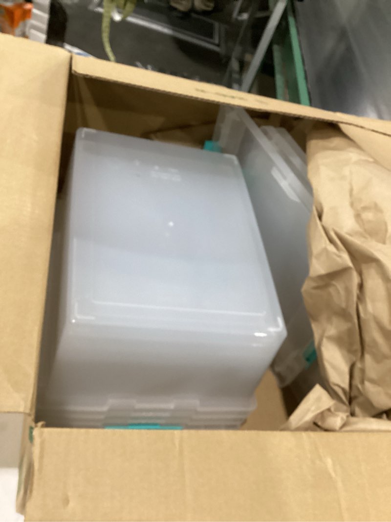 Condition photo showing As Is for IRIS USA 12 Qt. Plastic Storage Bins Containers with Lids, 4 Pack, Small Sensory Bin, Craft Storage, Craft Organizers & Storage, Organizing Container for Home, Office & Art Supplies, Stackable, Clear 12 Qt. - 4 Pack