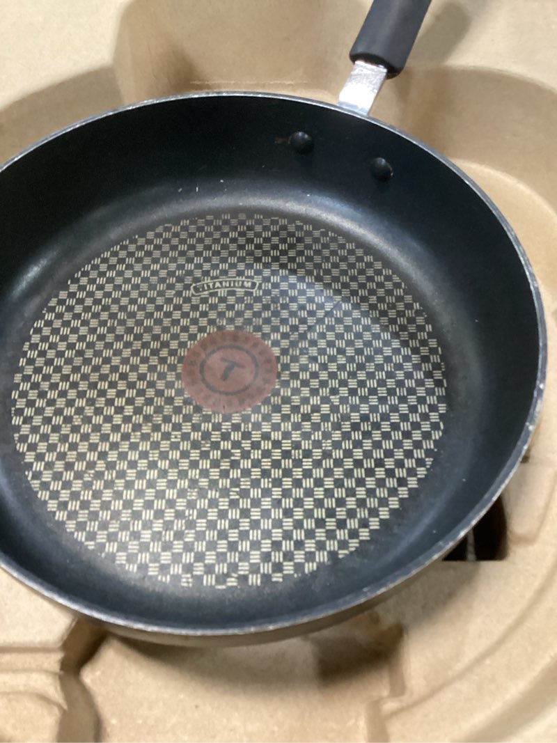 Condition photo showing As Is for t-fal ultimate hard anodized nonstick fry pan with lid 10 inch, oven broiler safe 400f, lid safe 350f, cookware, kitchen, home, versatile frying pan, skillet, pots and pans, dishwasher safe, black 10-inch fry pan with lid