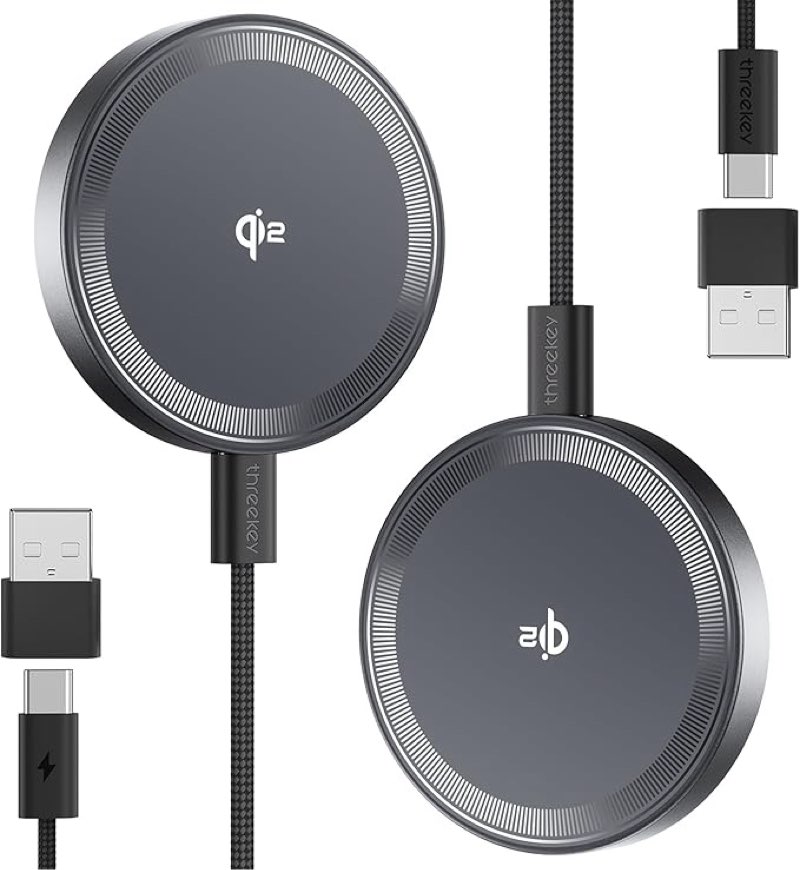 THREEKEY Qi2 MagSafe Charger, Magnetic Charger for iPhone 17-12 Series & Galaxy S25 Ultra, Qi2 Wireless Charger Dual-Sided Magnets, 15W Fast Charging Pad with 5FT USB-C Cable (Black-2 Pack) (missing 1 charger)