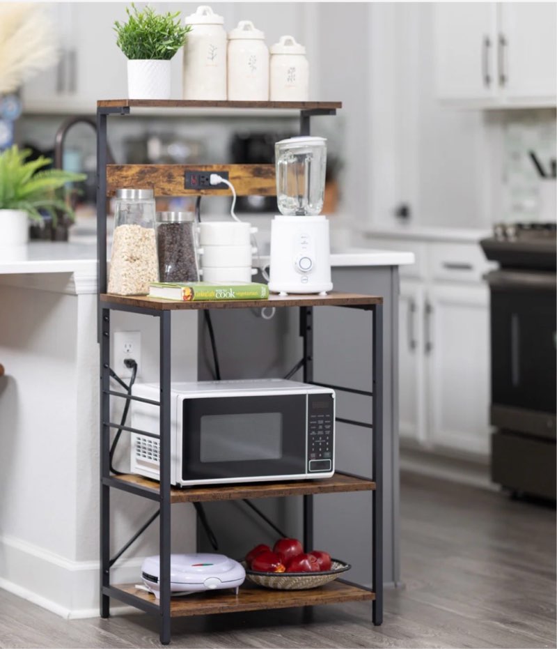 superjare kitchen bakers rack with power outlet - rustic brown, 80921fc