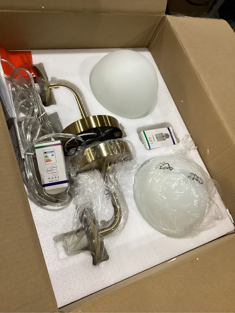 Condition photo showing As Is for brushed gold wall sconce plug in,modern milk white glass shade wall lamp,1-light vanity light for bathroom bedroom livingroom.mid century brushed brass plug in wall sconce with bulb(included) 2 pack