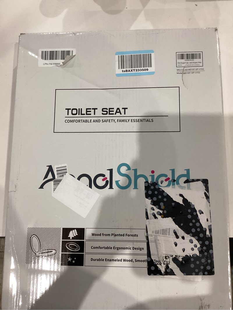 Condition photo showing As Is for Elongated White Toilet Seat Natural Wood Toilet Seat with Zinc Alloy Hinges, Easy to Install also Easy to Clean, Scratch Resistant by Angol Shiold (Elongated, White)