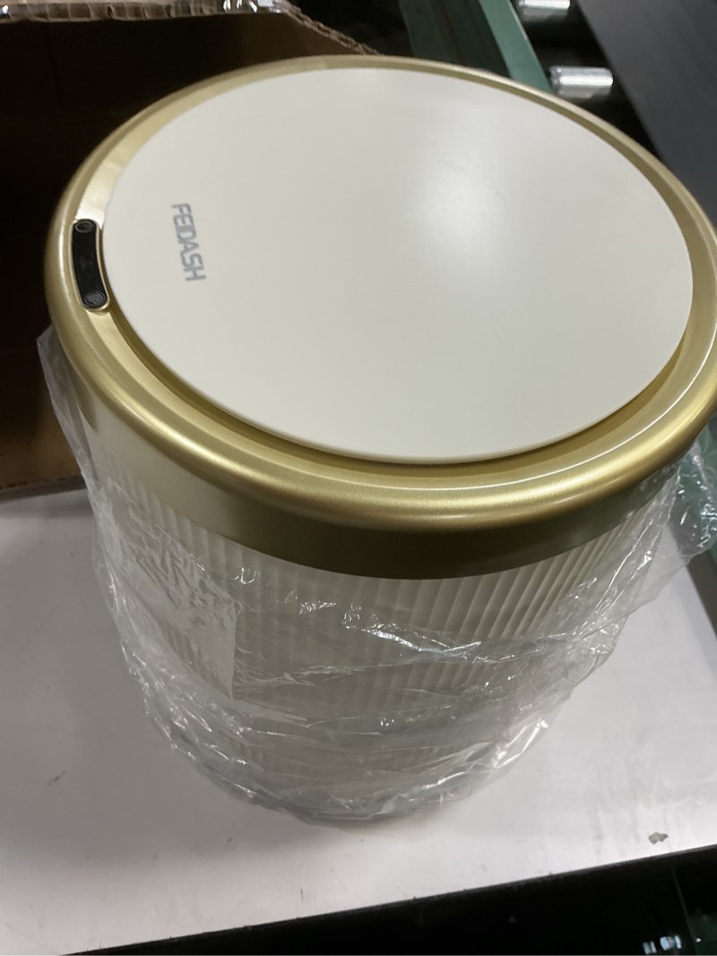 Condition photo showing As Is for URALFA Automatic Motion Sensor Bathroom Trash Can with Lid, Touchless Trash Bin, Smart Dog Proof Garbage Can, Small Waste Basket for Toilet, Office, Bedroom, 2.8 Gallon, Cream White Cream White 2.8 Gallon