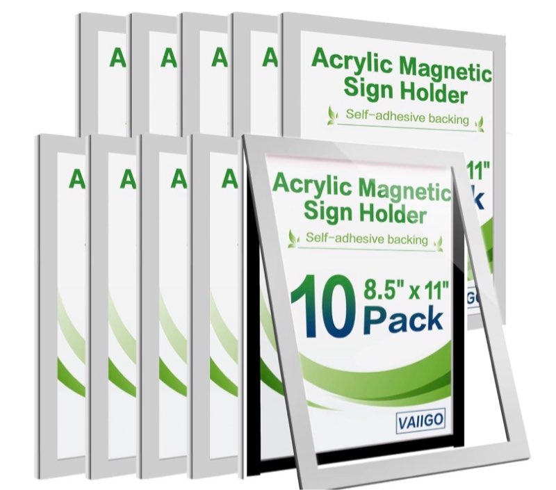 10pack acrylic sign holder 8.5" x 11" wall mount, self adhesive magnetic display frame with tape, plastic clear acrylic frame for wall, office, store, home