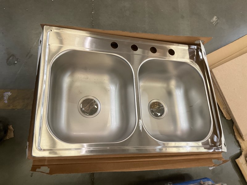 Condition photo showing As Is for elkay dayton drop-in 33-in x 22-in stainless steel double equal bowl 4-hole kitchen sink