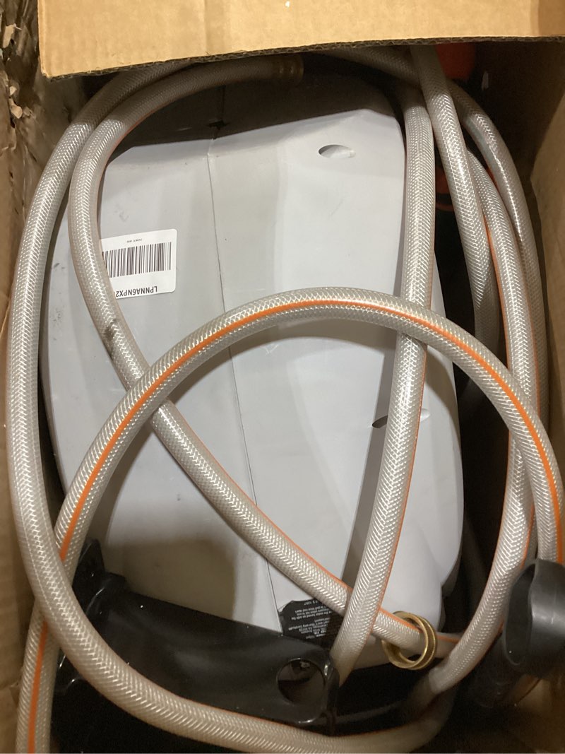 Condition photo showing As Is for vevor retractable hose reel, 130 ft x 1/2 inch, garden water hose reel with 9-pattern nozzle, 180° swivel bracket wall-mounted, automatic rewind, lock at any length, with slow return system 130 ft 1/2" hose diameter