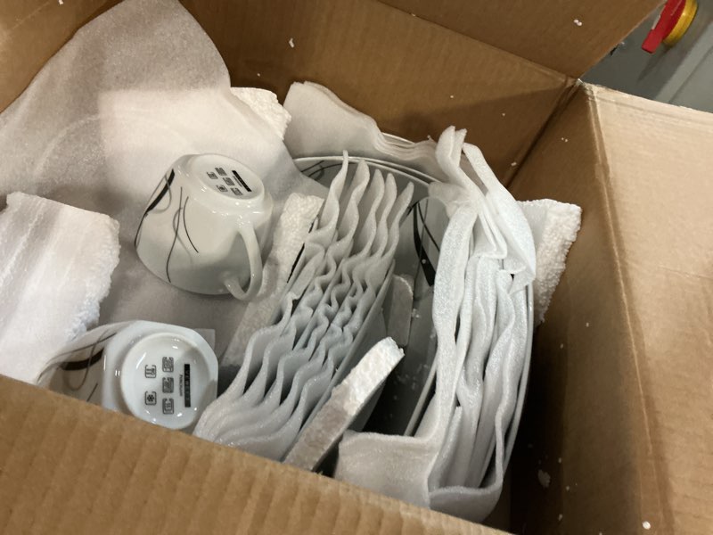 Condition photo showing Good Condition for (( missing 3 pieces))VEWEET, Series Fiona, 30-Piece Dinnerware Sets for 6, White Dishes Set with Black and Gray Stripes, Porcelain Dinner Set Including Dessert Plates, Soup Plates, Dinner Plates, Cups & Saucers Fiona 30-piece