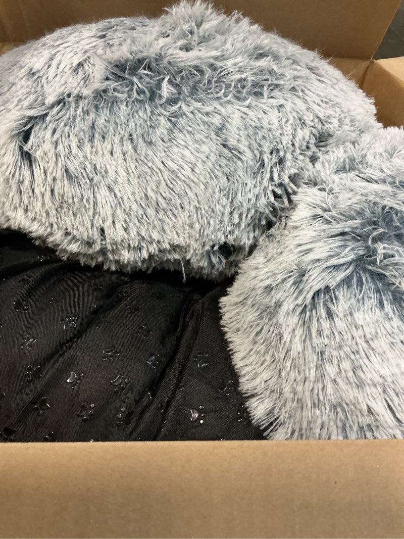 Condition photo showing As Is for jollyvogue calming dog beds large sized dog, 36in donut washable large pet bed, anti-slip & anti-anxiety fluffy faux fur round dogs bed, fits up to 80 lbs pets (smoke grey) 01 - smoke grey 36.0"l x 36.0"w x 8.0"th