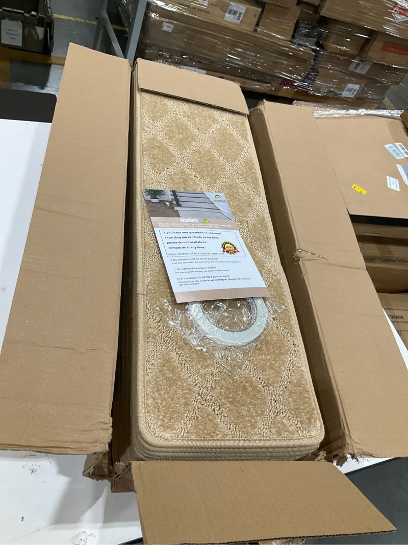 Condition photo showing Good Condition for 9"x30" stair treads for wooden steps indoor, 15 pcs non slip peel and stick carpet stair treads, washable & reusable self adhesive stair runner rug for kids elders pets - beige 9"x30" beige 15