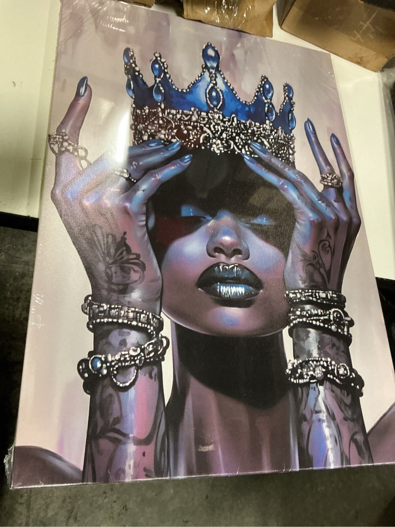 Condition photo showing New/Like New for zxhywym african american canvas wall art blue queen picture black women painting wall decor afro girl fashion art prints bedroom home decor framed (16" x 24")