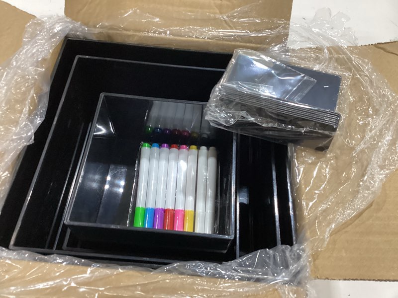 Condition photo showing Good Condition for 8pcs black acrylic buffet risers with mini sign and marker, food display risers for party catering dessert jewelry, acrylic cube nesting boxes with hollow bottoms(9" 8.5" 8" 7.5" 6.8" 6" 5" 5")
