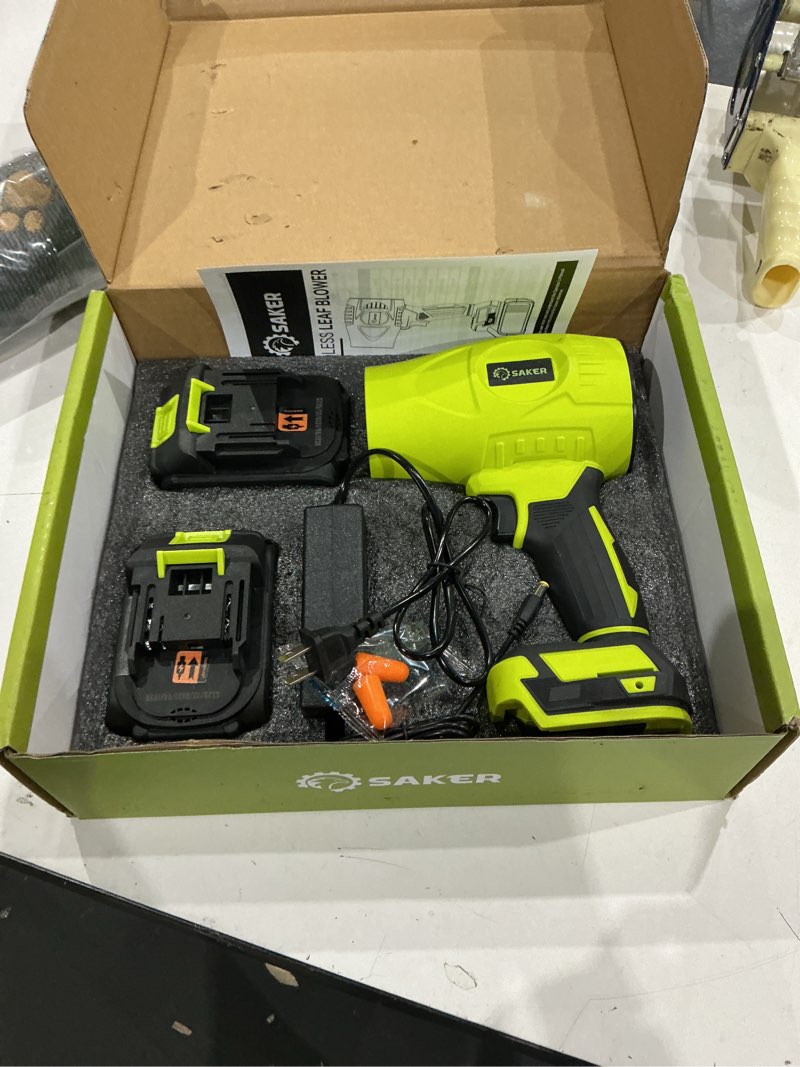 Condition photo showing Good Condition for saker cordless leaf blower portable dust cleaner handheld blowers 2 x 4.0ah batteries 180000 rpm air duster with adjustable speed for drying patio cleaning green