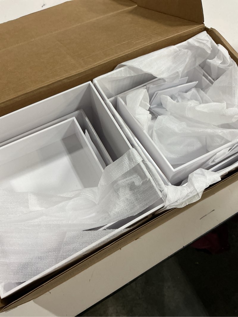 Condition photo showing Good Condition for 8” Buffet Risers with Mini Signs, Buffet Table Risers and Stands, Acrylic Cube Display Box for Catering Party Table Food Display, Dessert, Cakes - White, Set of 8 Boxes