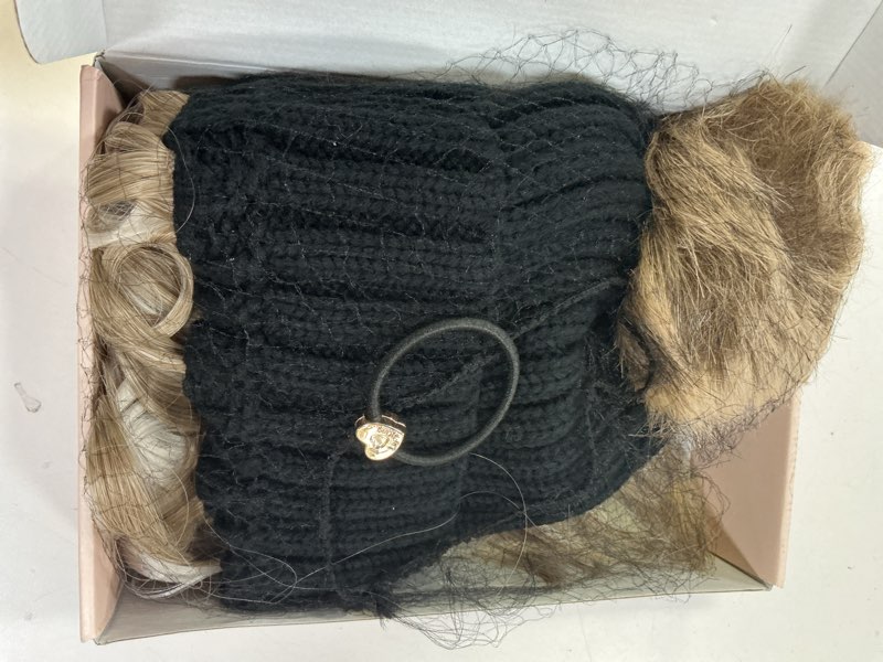 Condition photo showing Good Condition for REECHO Beanie Wig With 12" Beach Wavy Hair Extensions - Warm Knitted Hat With Synthetic Hairpiece for Women - Black Beanie, Ash Blonde With Highlights 12 Inch (Pack of 1) Black Beanie, Ash Blonde with Highlights Hair
