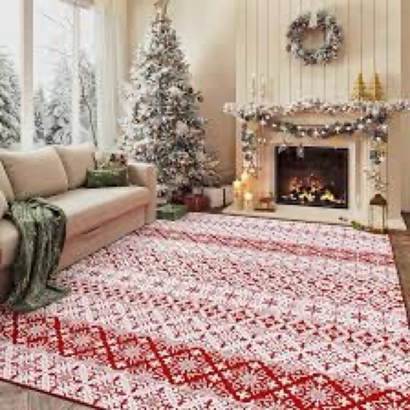WondRg Christmas Area Rug 5x7 Red Snowflake Holiday Decorative Living Room Bedroom Throw Rug Washabl