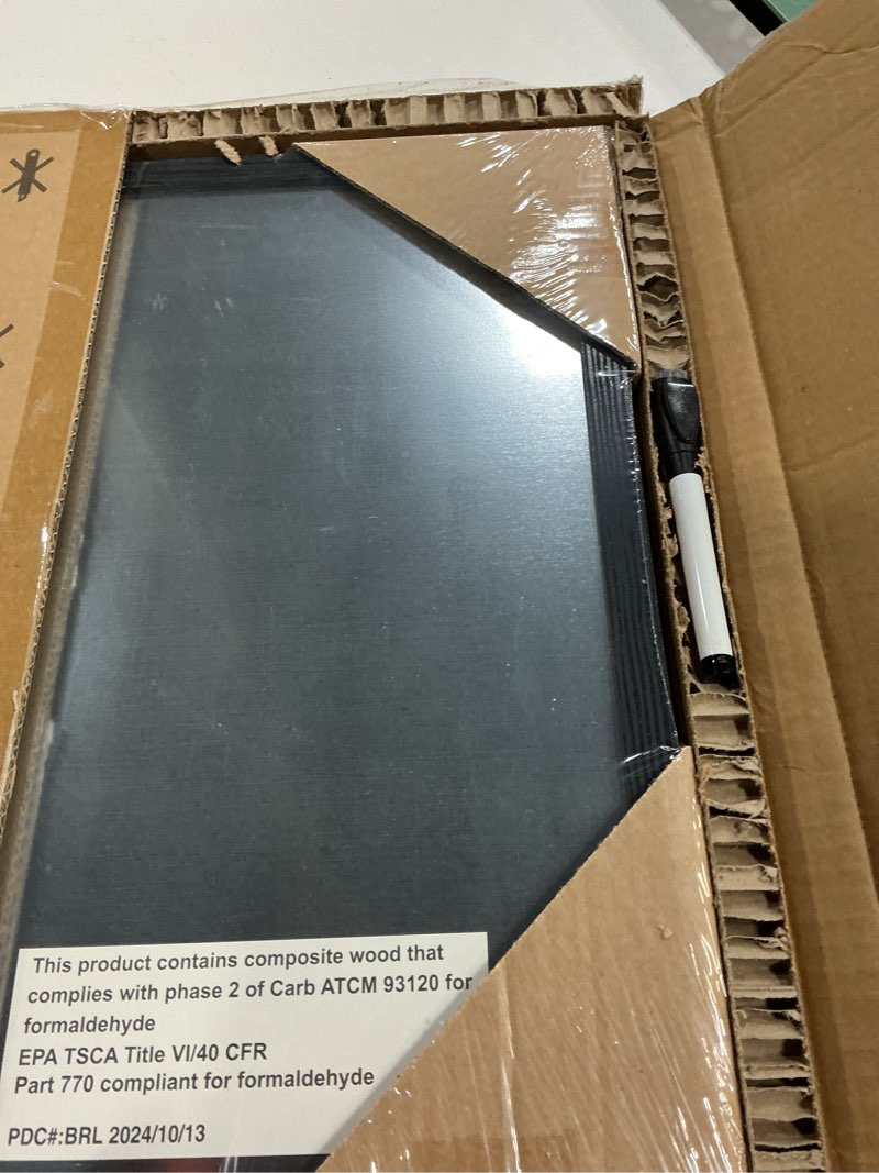 Condition photo showing New/Like New for martha stewart everette magnetic monthly calendar dry erase board with included dry erase marker and 2 magnets, 18" x 18", black woodgrain frame