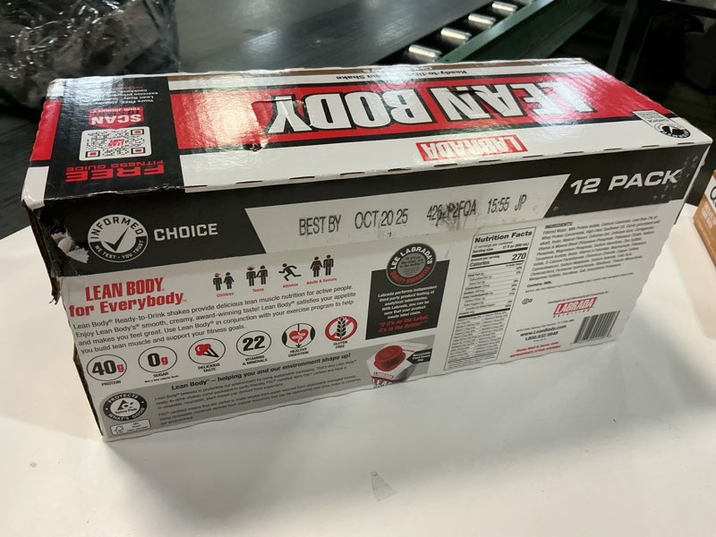 Condition photo showing Good Condition for (Best By Oct 2025)Labrada Lean Body Ready-to-Drink Chocolate Protein Shake, 40g Protein, Whey Blend, 0 Sugar, Gluten Free, 22 Vitamins & Minerals, LABRADA, 17 Fl Oz (Pack of 12) Chocolate 204 Fl Oz (Pack of 1)