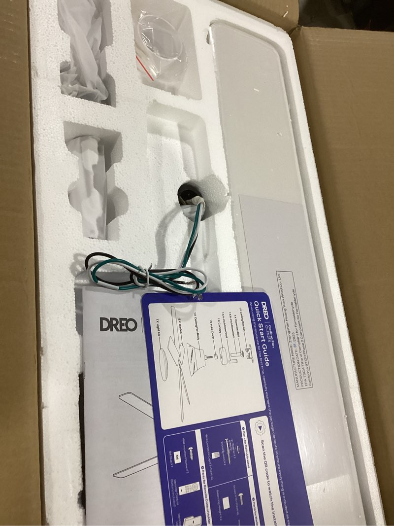 Condition photo showing Good Condition for Dreo Smart Ceiling Fan with Lights, 52 Inch, 12 Speeds & 3 Fan Modes, Stepless Color Tones, Dimmable LED Light, 12H Timer, Quiet DC Motor, Remote/APP/Alexa Control, White Ceiling Fans Indoor WiFi White