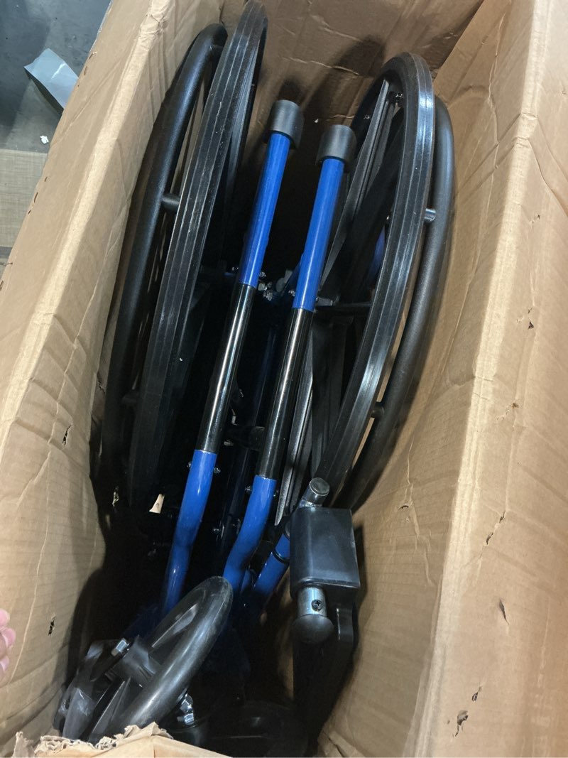 Condition photo showing Good Condition for drive medical blue streak lightweight wheelchair - portable folding mobility aid - swing-away footrests - desk arms - durable steel frame - easy transport & storage - 18-inch seat 18 inch