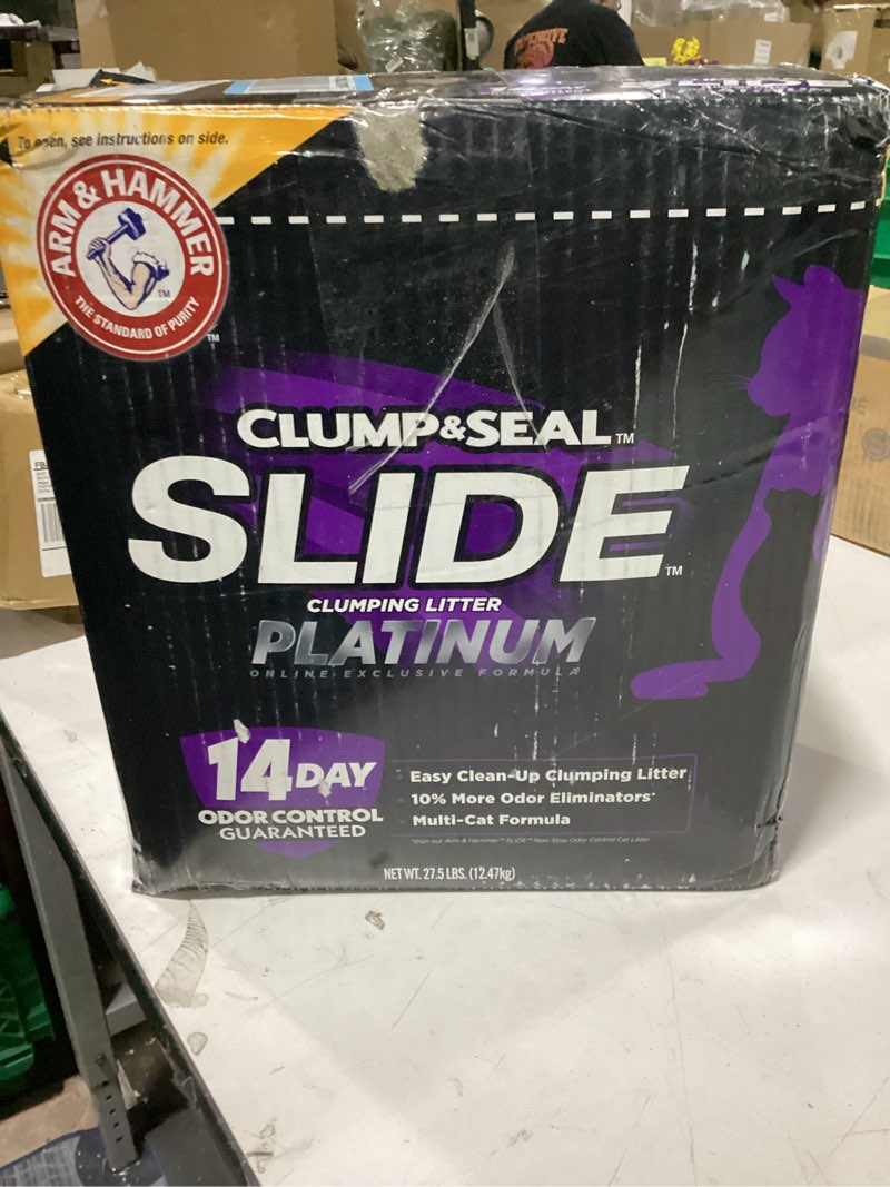 Condition photo showing Good Condition for arm & hammer clump & seal slide platinum multi-cat clumping cat litter, easy clean technology with no scrubbing, 14-day odor control, 27.5 lbs slide platinum clumping litter