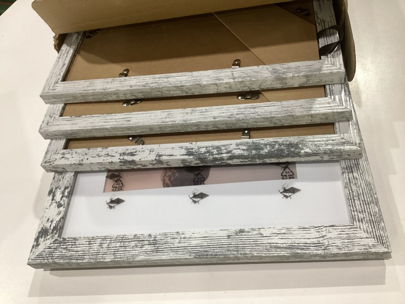 Condition photo showing New/Like New for iRahmen 11x14 Picture Frame Set of 4 with Tempered Glass, Distressed White Frame Display 8x10 Picture with Mat or 11 x 14 Without Mat, Wood Rustic Photo Frames for Horizontal or Vertical Wall Mounting Distressed White 11X14